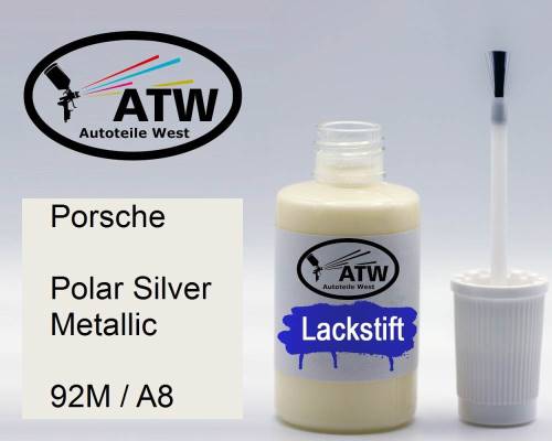 Porsche, Polar Silver Metallic, 92M / A8: 20ml Lackstift, von ATW Autoteile West.